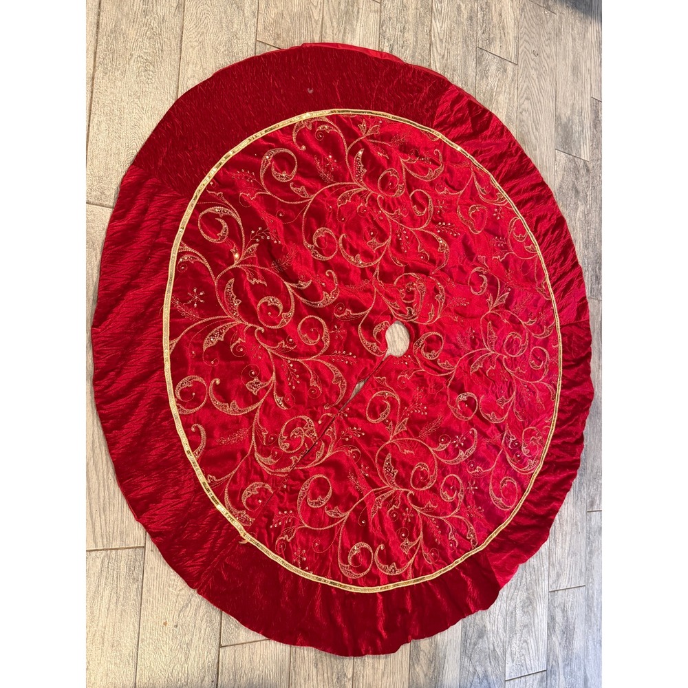 Christmas Tree Skirt Plush Velvet Gold Sequin Floral 54" Victorian Festive Decor